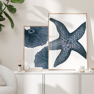 Op de afbeelding: Twee ingelijste prints met een witte achtergrond en blauwe illustraties. De ene print toont een zeester en de andere een gestileerde paddenstoel.