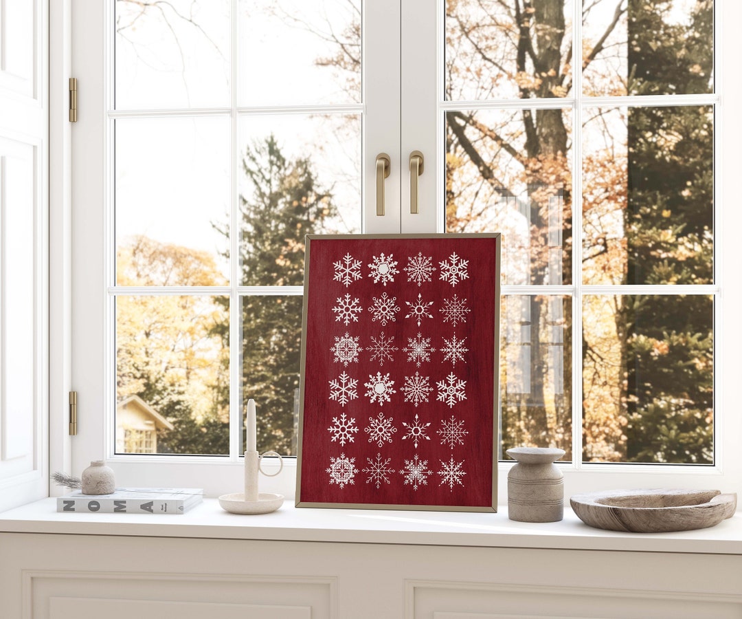 Christmas Wall Art, Red Christmas Print, Snowflakes Art, Printable