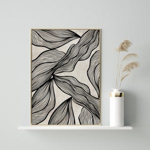 Black botanical art, Line Art Leaf, Abstract Leaf Print, Black and Beige Artwork, Modern Abstract, Minimalist Botanical, Printable Wall Art