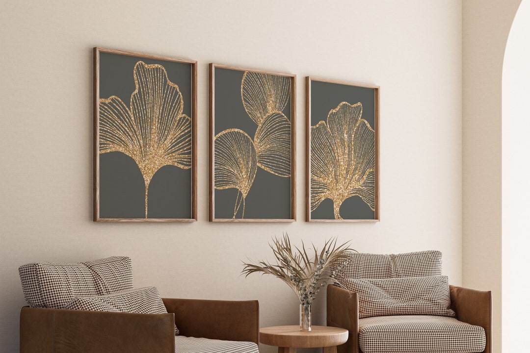 Gray and Gold Wall Art , Set of 3 Prints, Botanical Leaves Art, Floral