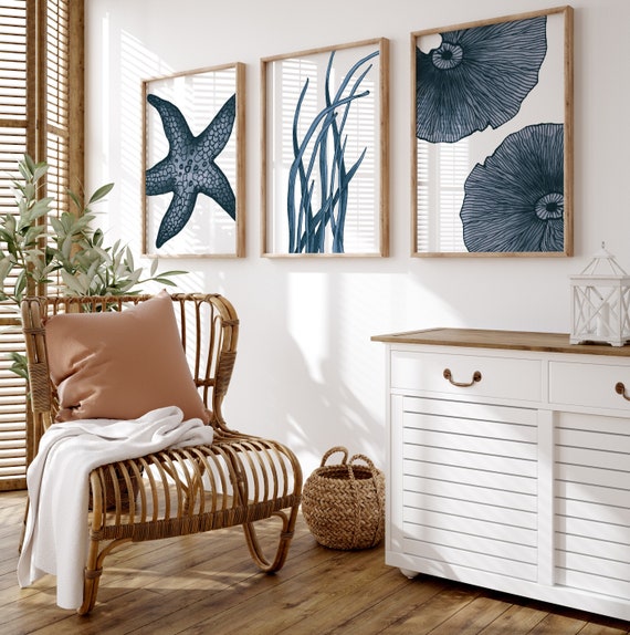 Blue Beach Wall Art, 3 Piece Set, Coastal Decorating, Ocean Artwork, Starfish Print, Hamptons Decor, Beach House Art, Printable Beachy