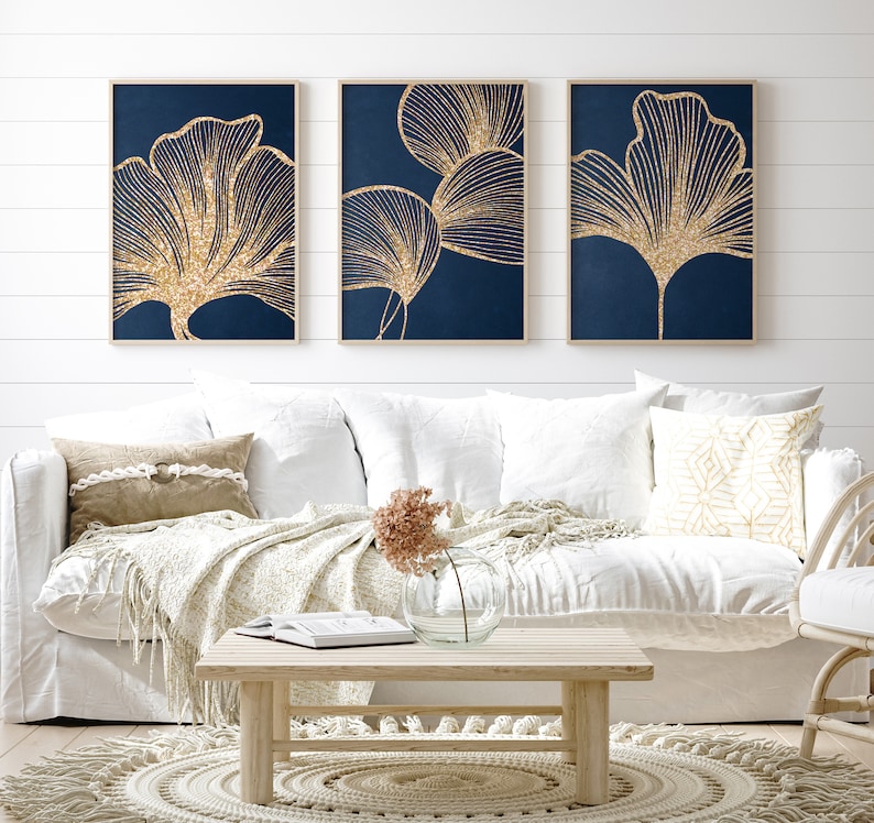 Navy Blue and Gold Wall Art Set of 3 Prints Botanical Etsy UK