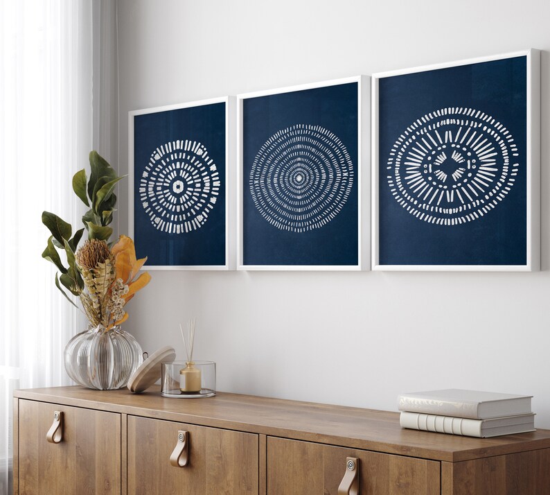 Navy Blue Abstract Wall Art Indigo Blue Prints 3 Piece Set Etsy