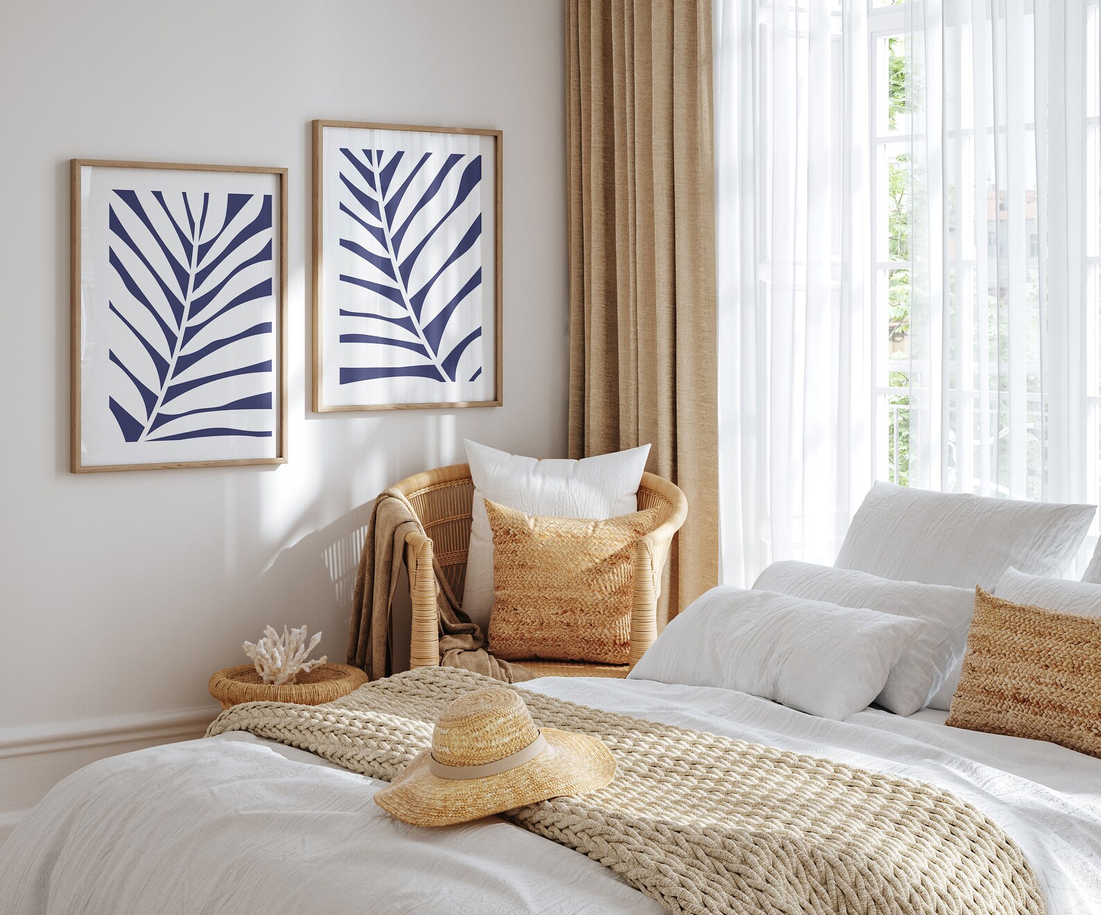 Blue and White Wall Art, Set of 3 Prints, Botanical Leaves Art, Floral ...