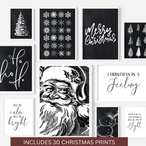 Op de afbeelding: Een set van 30 printbare kerst-illustraties in zwart-wit. De illustraties omvatten een kerstman, sneeuwvlokken, kerstboom en verschillende kerstcitaten. De illustraties zijn perfect om een feestelijke touch aan uw interieur te geven.