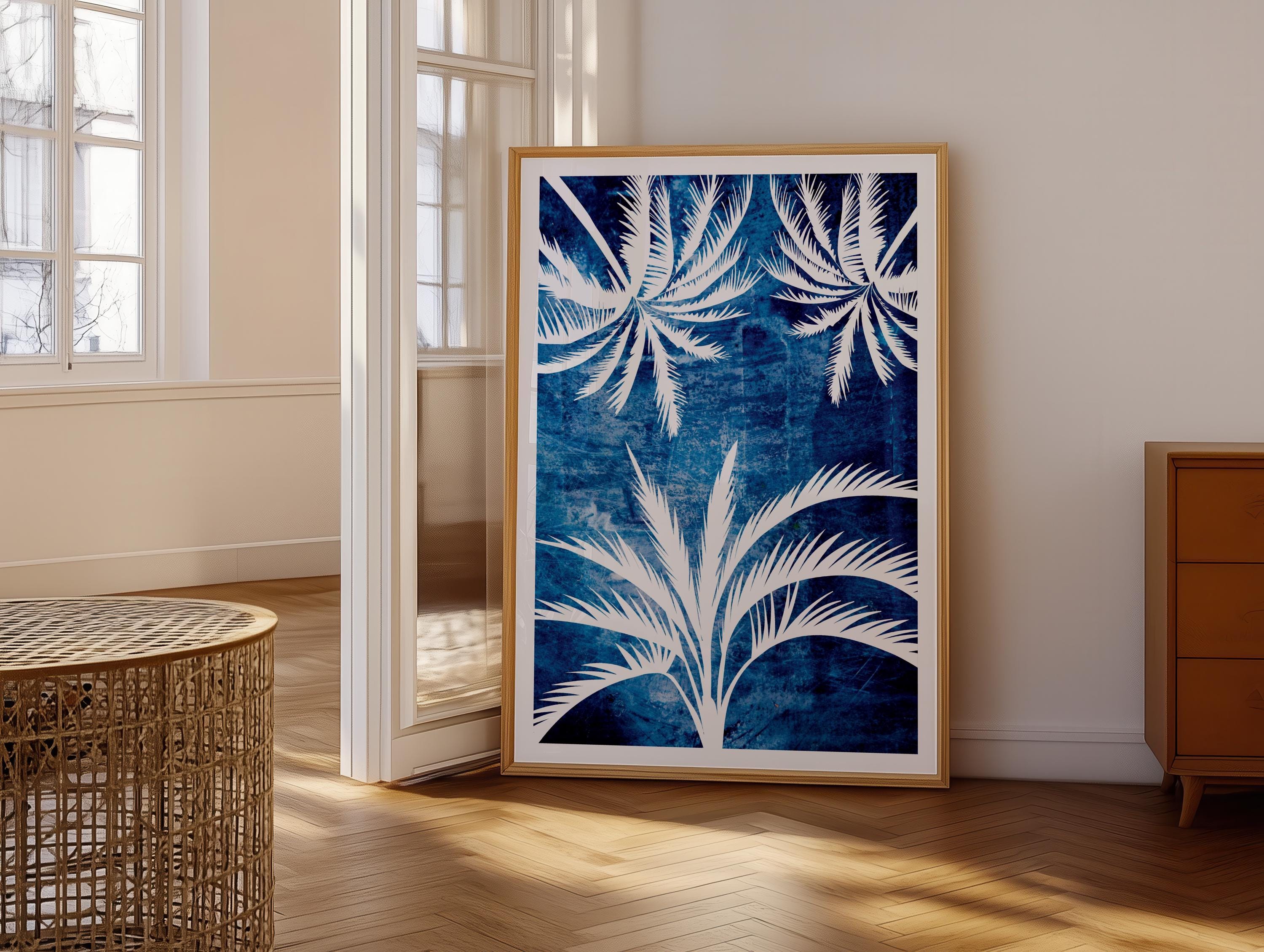 Tropical Palm Print, Blue Coastal Botanical Artwork, Modern Beach