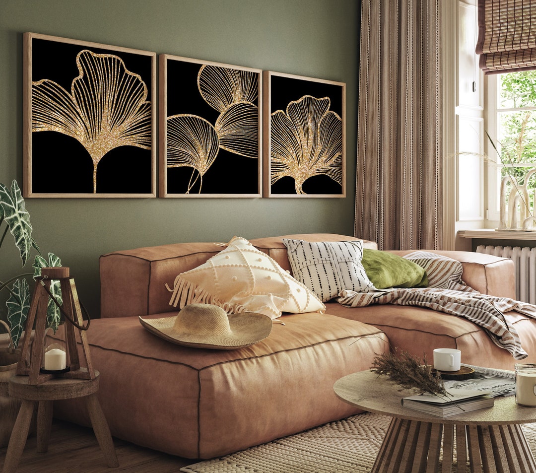 Black and Gold Wall Art , Set of 3 Prints, Botanical Leaves Art, Floral Leaf Prints, Living Room ...
