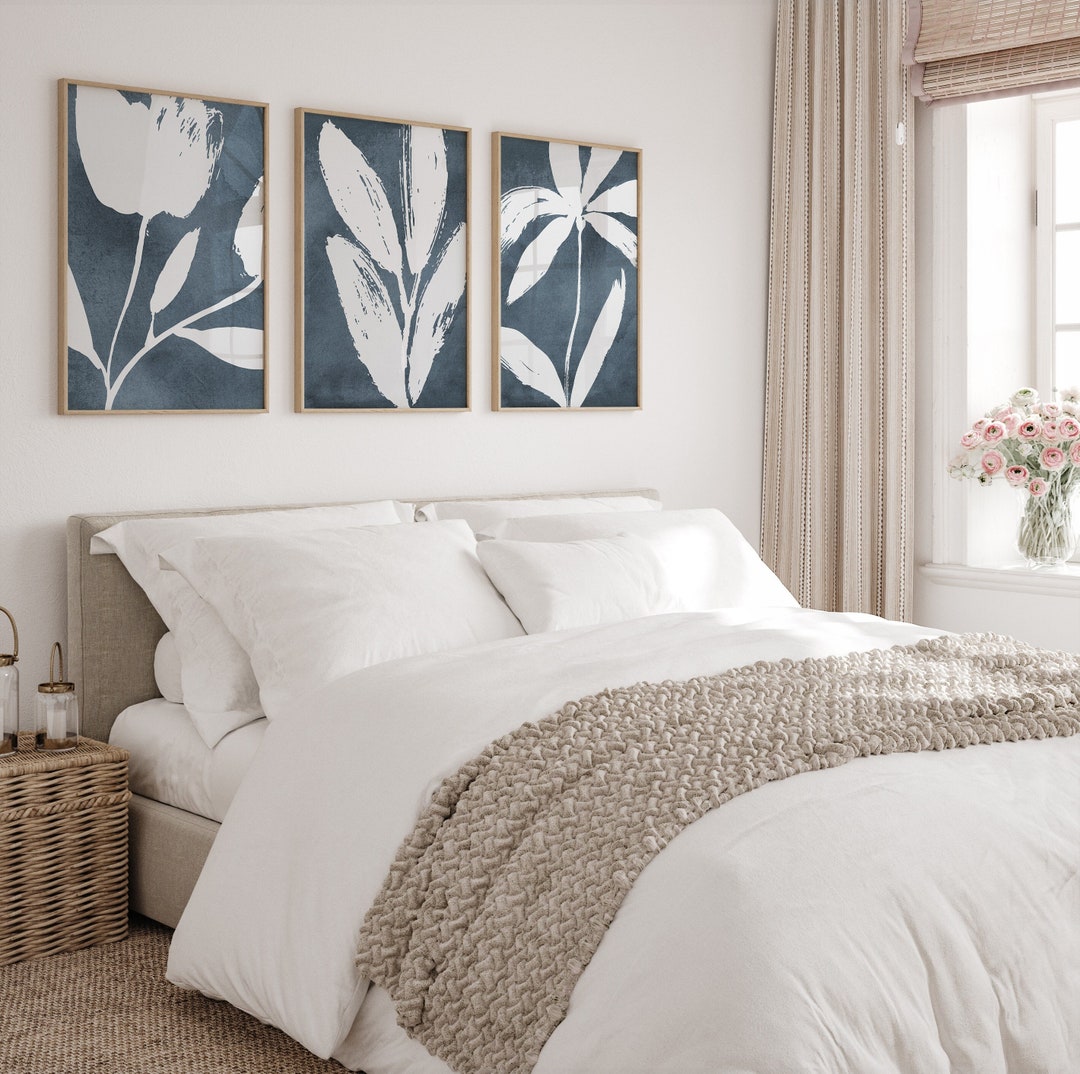 Botanical Wall Art, Flower Prints, Blue and White Floral Art, Living