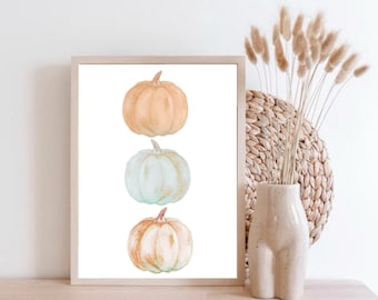 Impressão de abóbora, impressão de outono, arte de parede de outono, arte de abóbora em aquarela, decoração de Halloween, abóboras neutras, decoração de outono Boho, download instantâneo