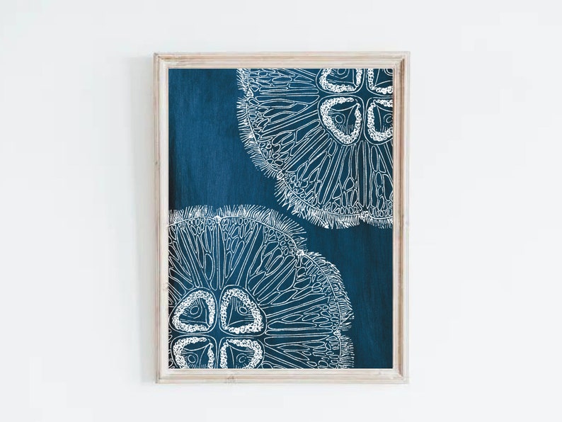 Puede incluir: Una impresi&oacute;n enmarcada con un fondo azul y dos ilustraciones estilizadas blancas de una criatura marina. Las ilustraciones son detalladas e intrincadas.