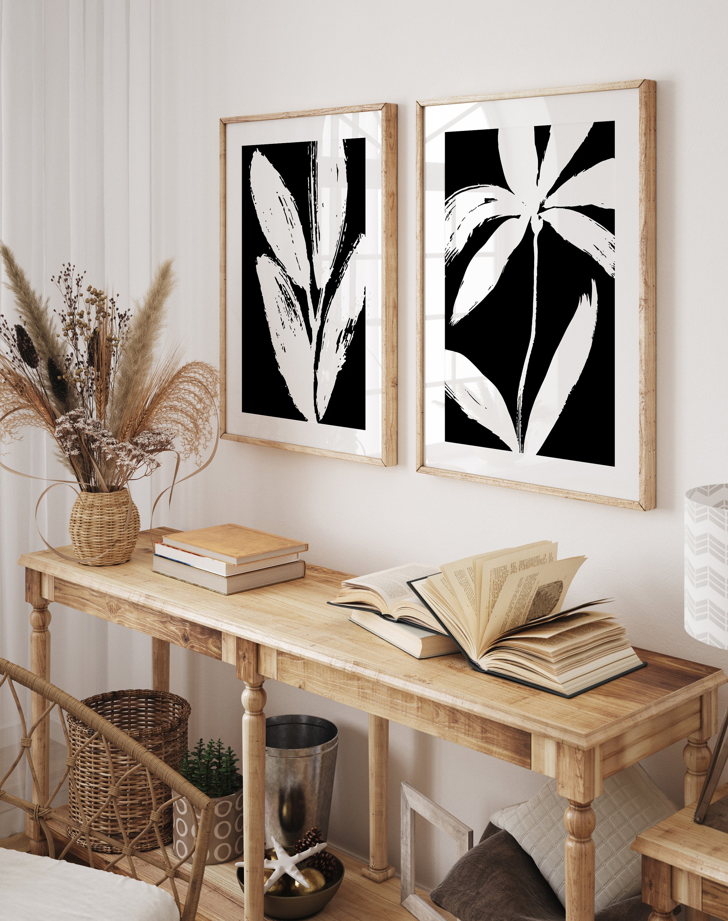 Black and White Botanical Prints Set of 2, Minimalist Leaf Wall Art ...