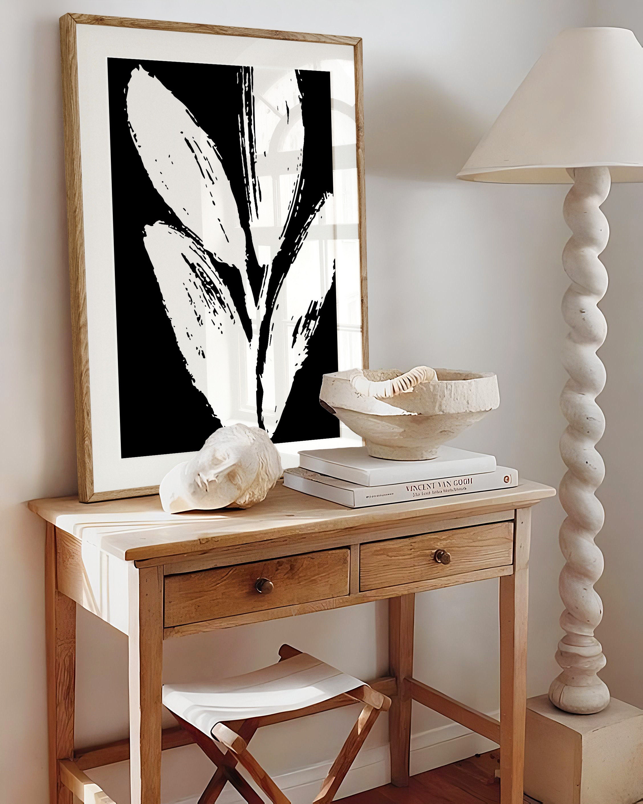 Black and White Botanical Prints Set of 2, Minimalist Leaf Wall Art ...