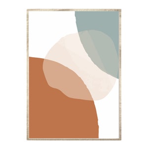 May include: Abstract art print featuring three overlapping shapes in shades of brown, beige, and blue. The shapes are irregular and organic, creating a modern and minimalist design.
