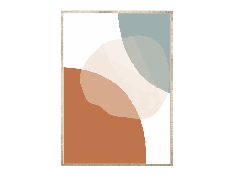May include: Abstract art print featuring three overlapping shapes in shades of brown, beige, and blue. The shapes are irregular and organic, creating a modern and minimalist design.
