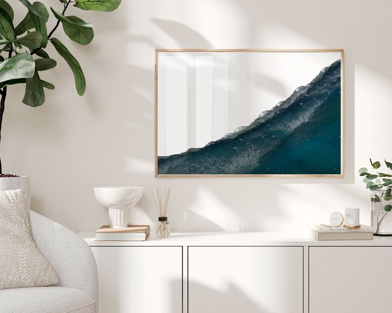Sztuka ścienna oceanu, wystrój boho plaży, malowanie fal, sztuka ścienna plaży, sztuka nadmorska, abstrakcyjna sztuka plażowa, duże niebieskie dzieło sztuki, sztuka ścienna do druku zdjęcie 2