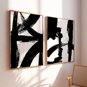 Impressões em preto e branco, arte abstrata preta, conjunto de 2 impressões, pintura com pinceladas pretas, arte moderna, impressões abstratas, arte de parede para impressão