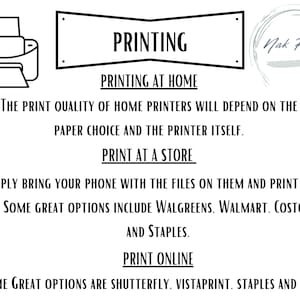 May include: Black and white illustration of a printer. Text reads "Printing" and includes information about printing at home, at a store, and online. The text also mentions some popular printing options, such as Walgreens, Walmart, Costco, FedEx, Staples, Shutterfly, Vistaprint, and Costco.
