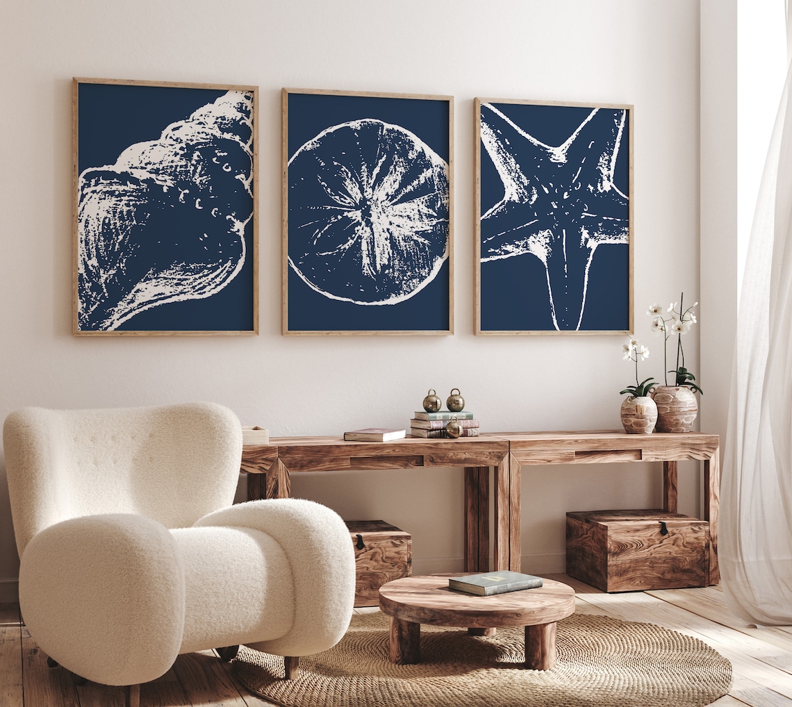Shell Print Abstract Ocean Wall Art, Sea Shell Prints, Set of 3 Prints, Coastal Art, Navy ...