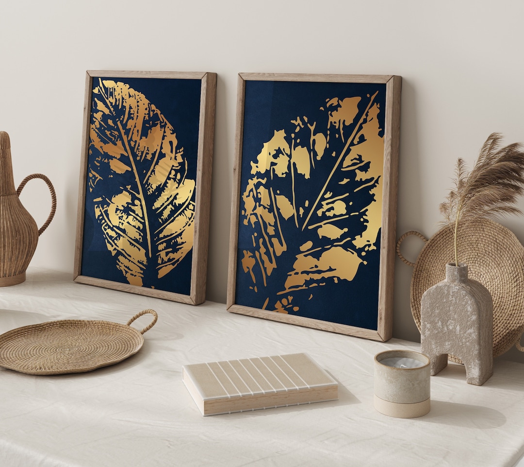 Navy Blue and Gold Wall Art, Set of 2 Prints, Botanical Leaves Art ...