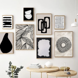 Arte de pared en blanco y negro, arte de pared de galería moderna, juego de arte para sala de estar, impresiones abstractas neutrales, arte abstracto moderno, arte de pared boho, imprimible