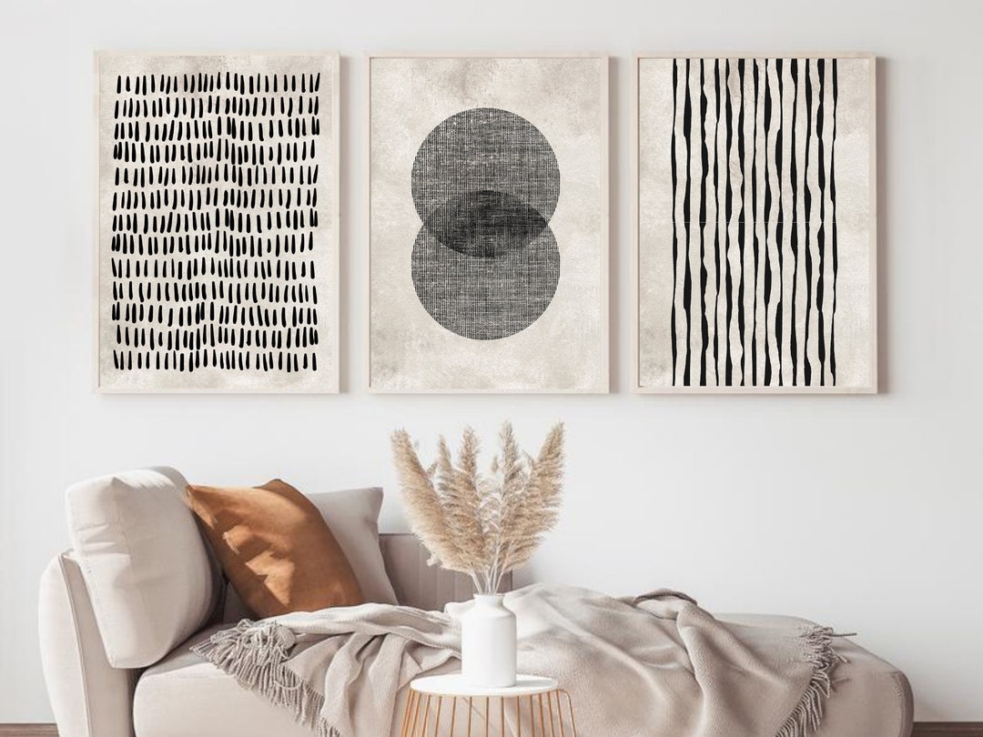 Mid Century Wall Art, Set of 3 Prints, Black Abstract Print, Minimalist ...