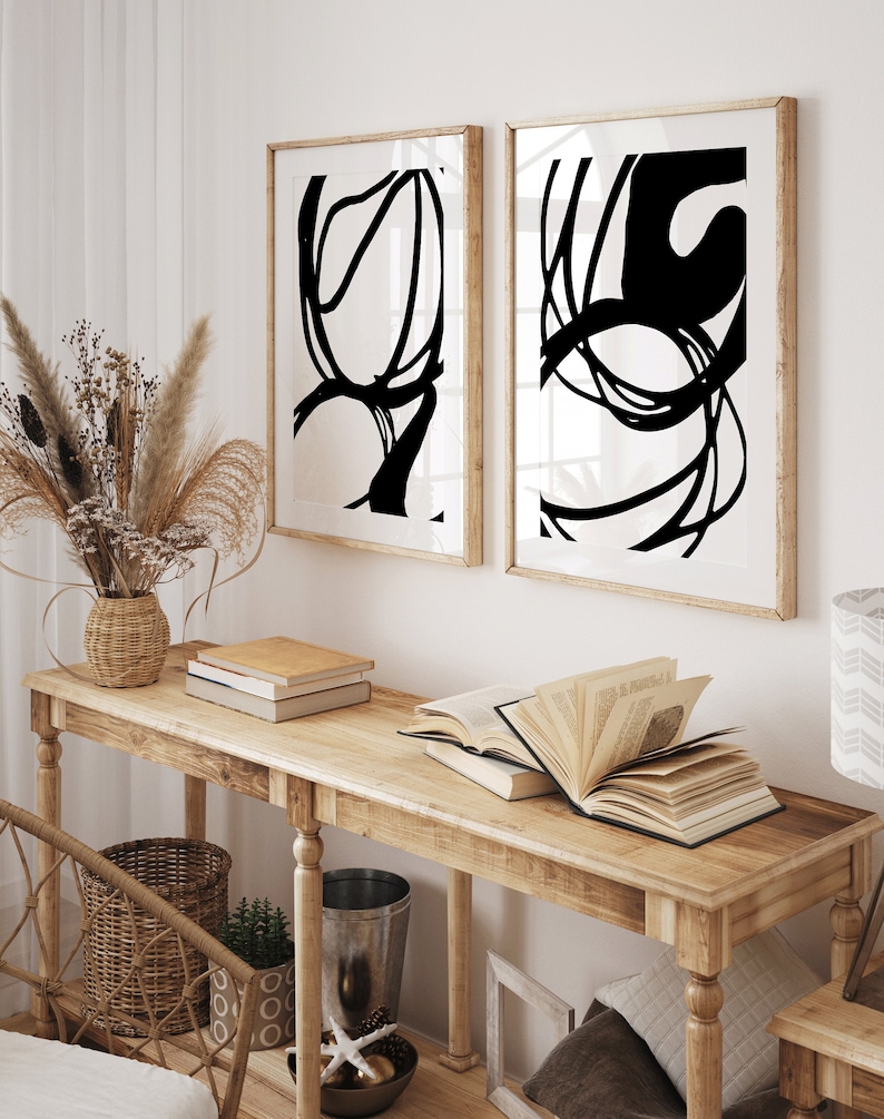 Black Abstract Art Set of 2 Black and White Prints Modern Etsy