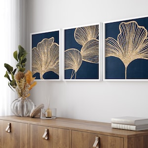 Navy Blue and Gold Wall Art , Set of 3 Prints, Botanical Leaves Art ...