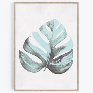 May include: A watercolor painting of a single, large, light blue and dark green tropical leaf. The leaf is painted in a realistic style and has a textured appearance.
