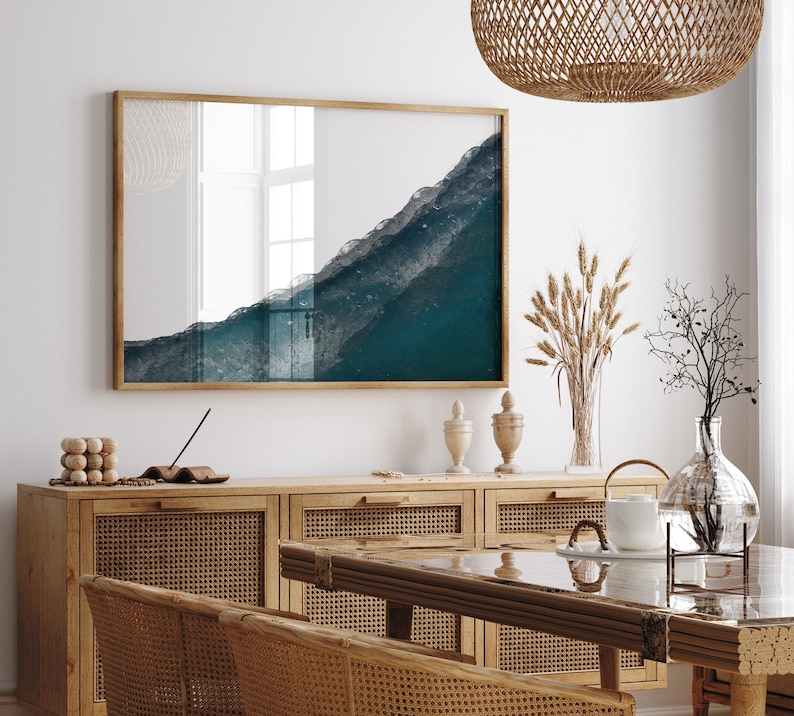 Sztuka ścienna oceanu, wystrój boho plaży, malowanie fal, sztuka ścienna plaży, sztuka nadmorska, abstrakcyjna sztuka plażowa, duże niebieskie dzieło sztuki, sztuka ścienna do druku zdjęcie 1