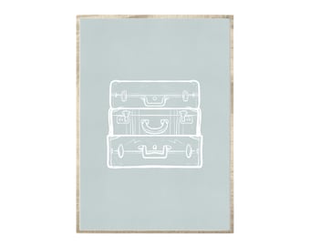 May include: A light blue background with a white outline of three stacked suitcases. The suitcases have a simple design with a handle and a latch.