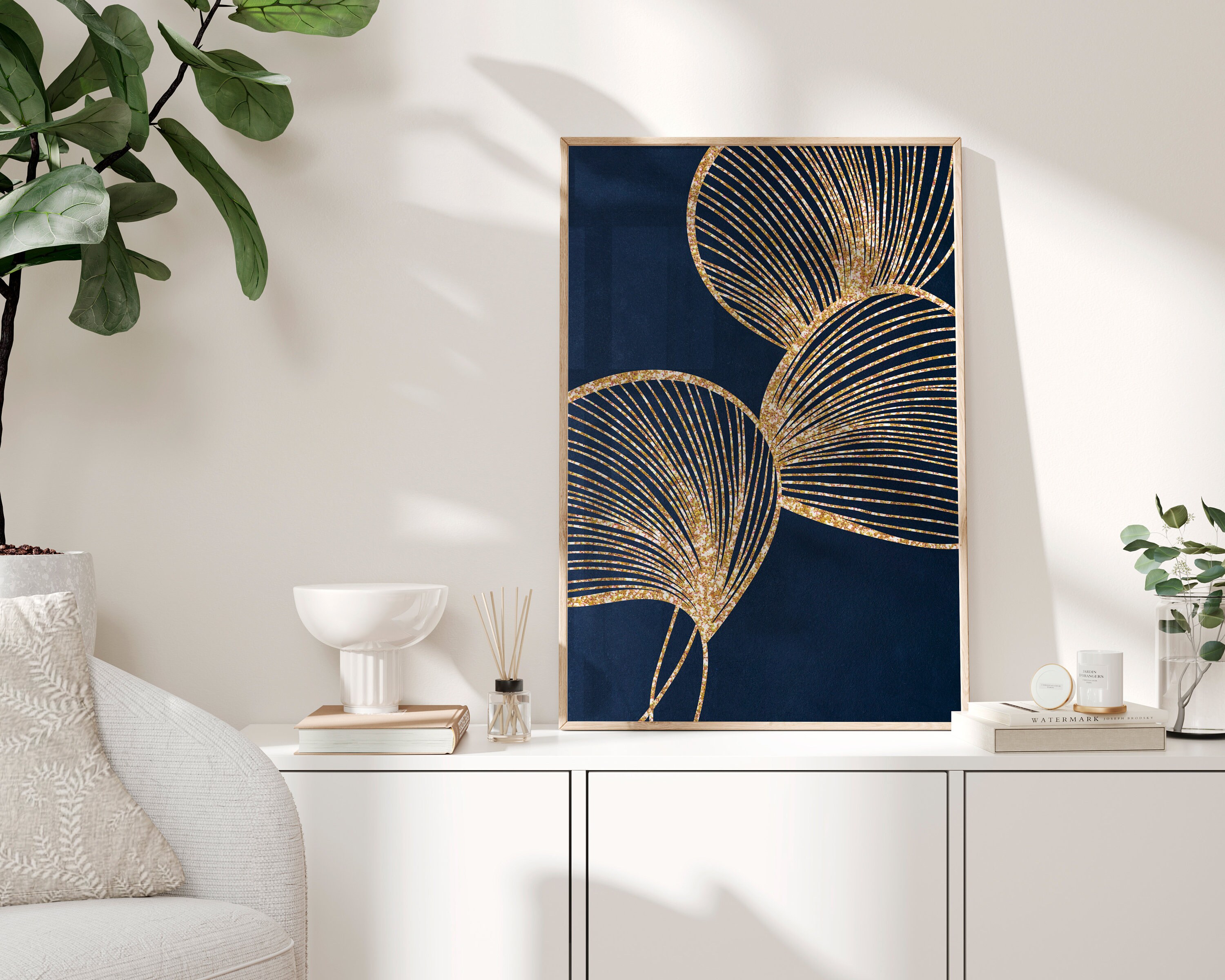 Navy Blue and Gold Wall Art Botanical Art Floral Leaf Etsy