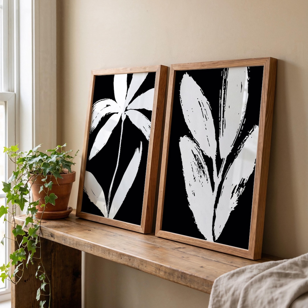 Black and White Botanical Prints Set of 2, Minimalist Leaf Wall Art ...