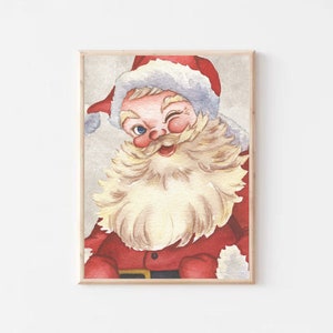 May include: A watercolor painting of Santa Claus with a white beard and a red hat. He is winking and smiling.