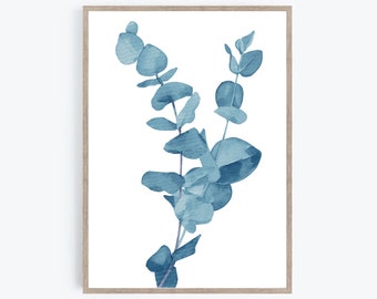 Eucalyptus Print, Botanical Wall Decor, Blue Leaf Print, Watercolor Leaves, Leaf Printable, Blue Wall Art, Bathroom Art, Digital Download
