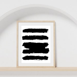 May include: Black and white abstract art print with five horizontal brushstrokes in a framed poster.