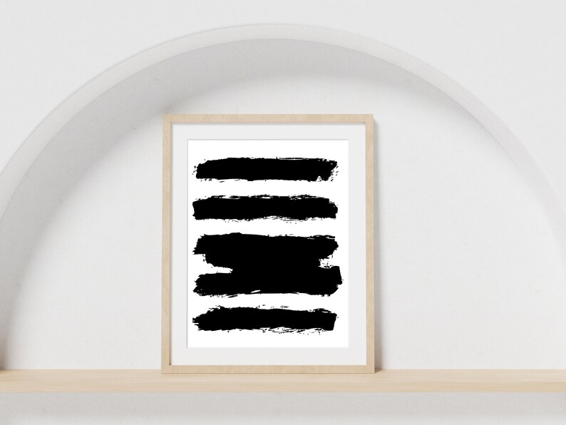 May include: Black and white abstract art print with five horizontal brushstrokes in a framed poster.