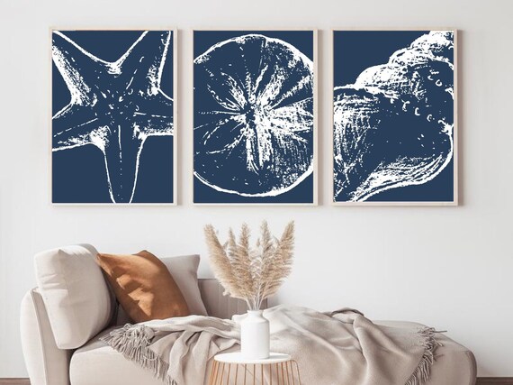 Beach Wall Art Set of 3 Prints Coastal Art Navy Blue - Etsy