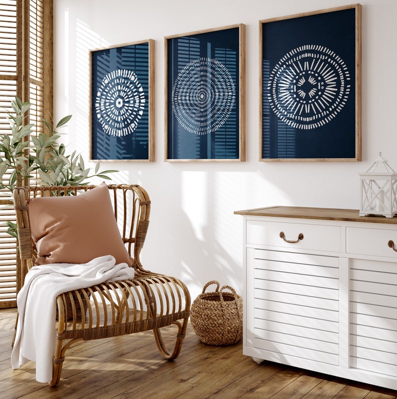 Navy Blue Abstract Wall Art Indigo Blue Prints 3 Piece Set Etsy