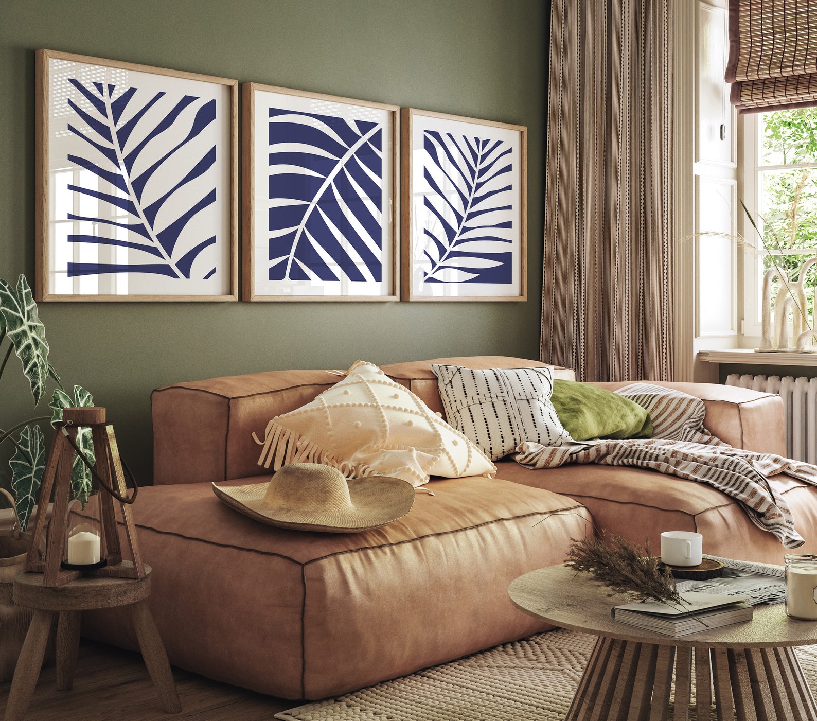 Blue and White Wall Art, Set of 3 Prints, Botanical Leaves Art, Floral ...