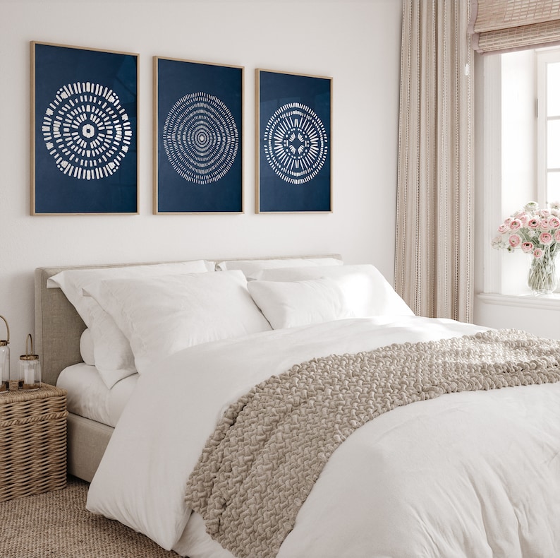 Navy Blue Abstract Wall Art Indigo Blue Prints 3 Piece Set Etsy