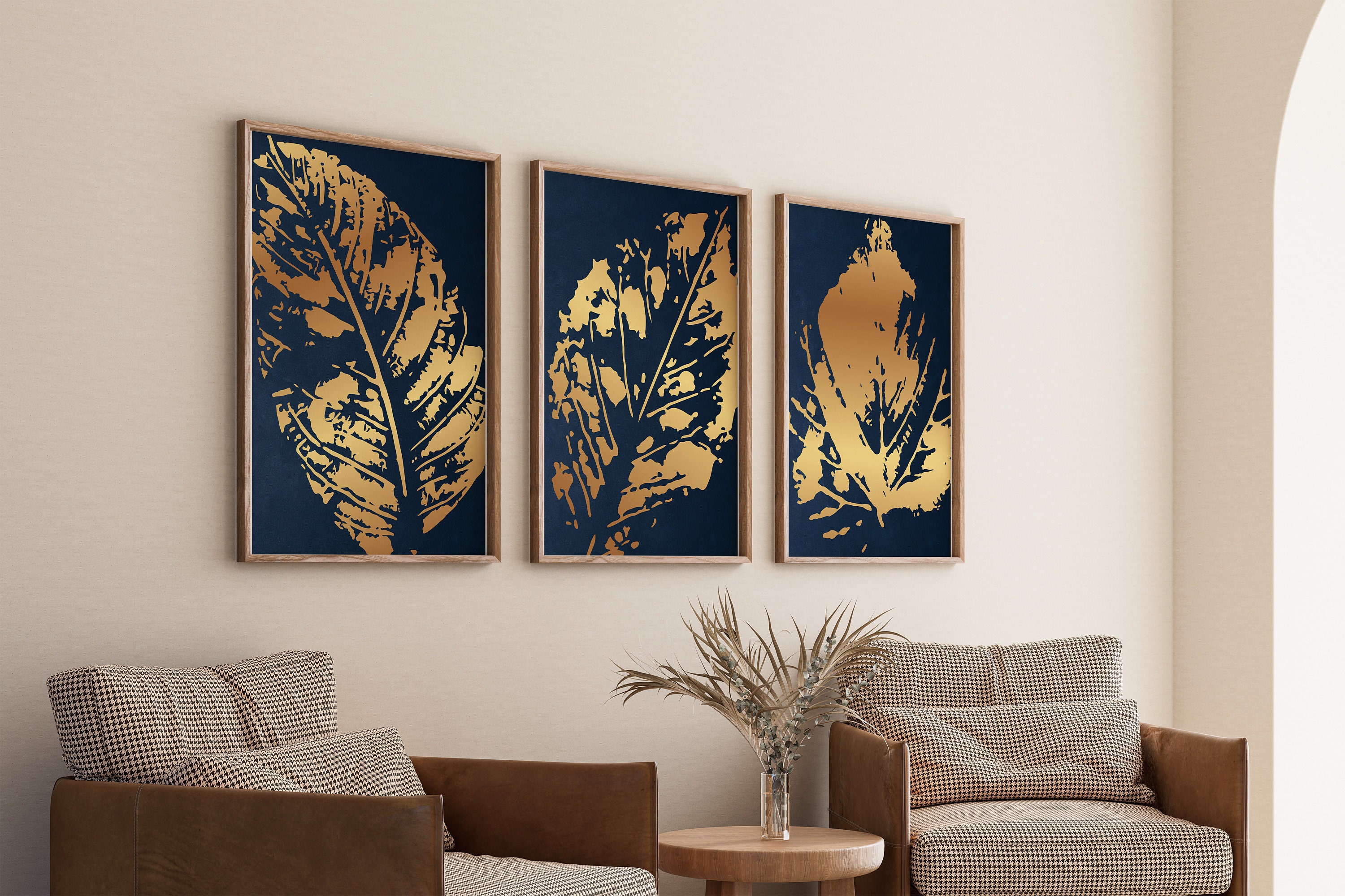 Navy Blue and Gold Wall Art , Set of 3 Prints, Botanical Leaves Art ...