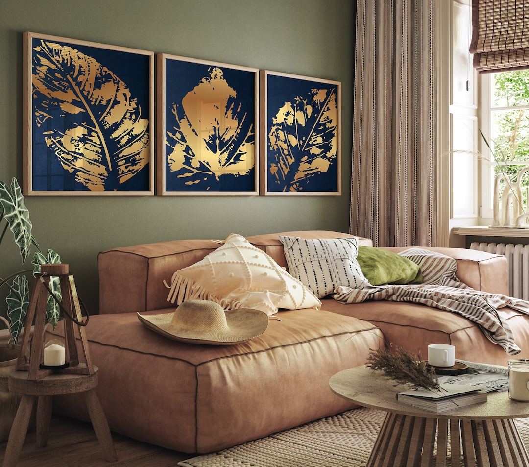 Navy Blue and Gold Wall Art , Set of 3 Prints, Botanical Leaves Art ...
