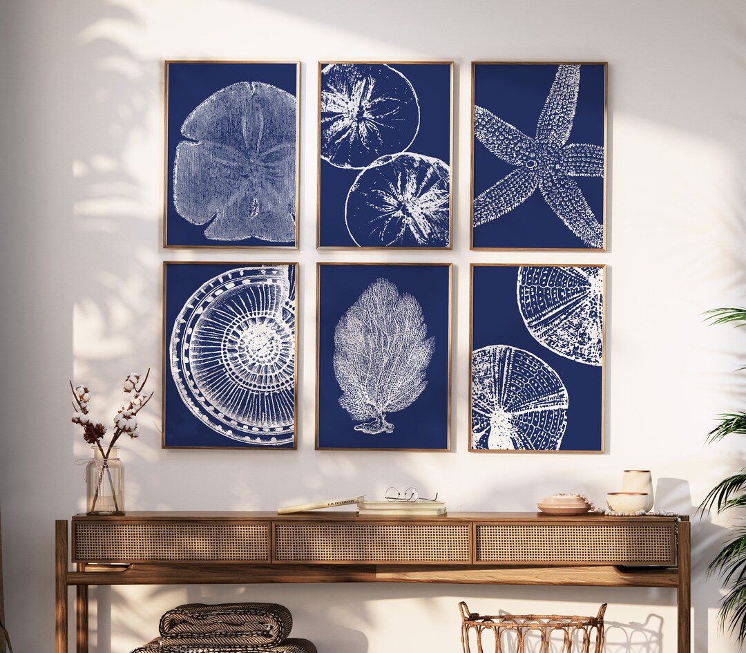 Coastal Wall Art Set of 6 Navy Blue Prints, Vintage Sea Life Gallery ...