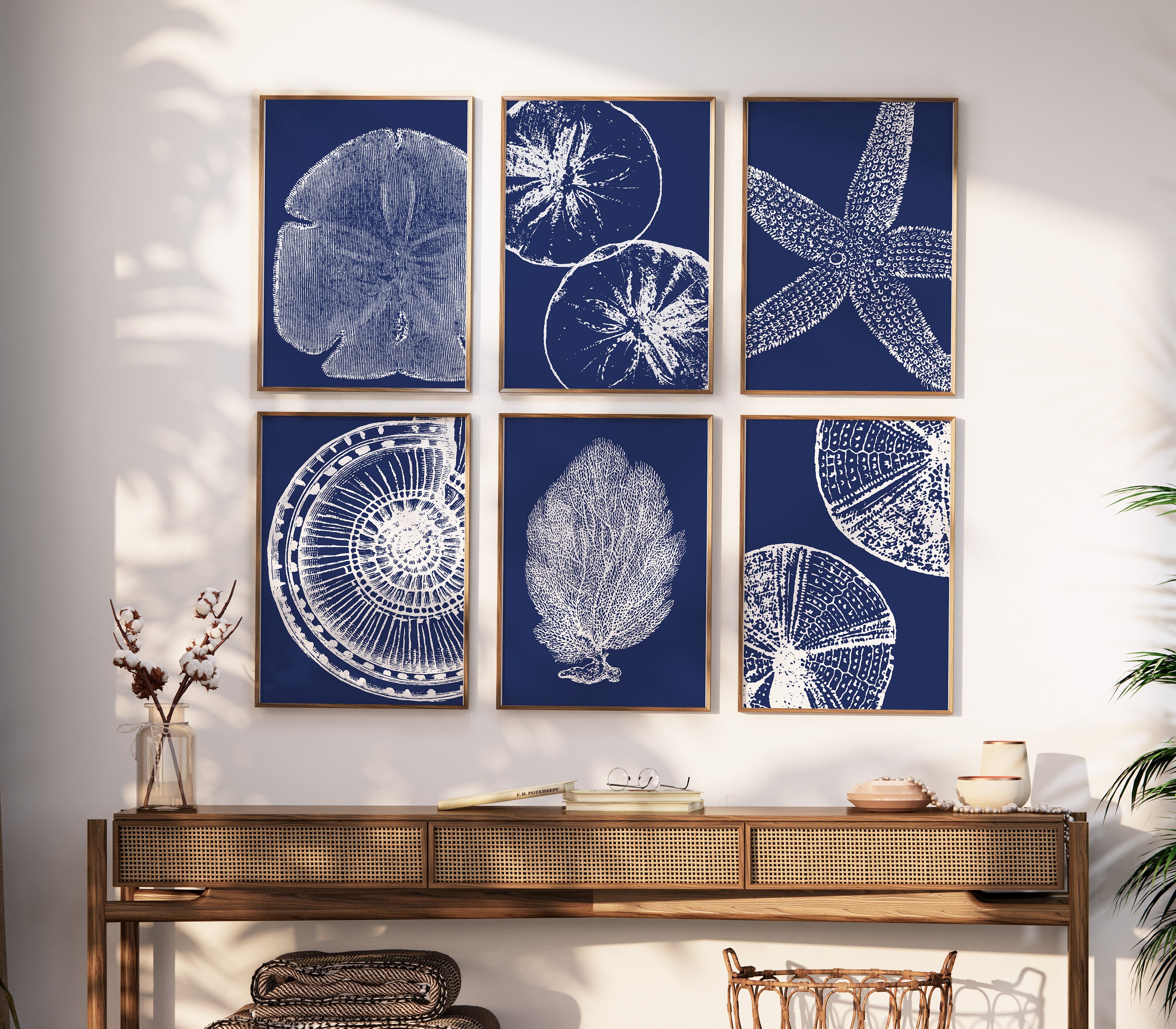 Coastal Wall Art Set of 6 Navy Blue Prints, Vintage Sea Life