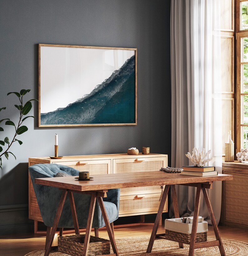 Sztuka ścienna oceanu, wystrój boho plaży, malowanie fal, sztuka ścienna plaży, sztuka nadmorska, abstrakcyjna sztuka plażowa, duże niebieskie dzieło sztuki, sztuka ścienna do druku zdjęcie 3