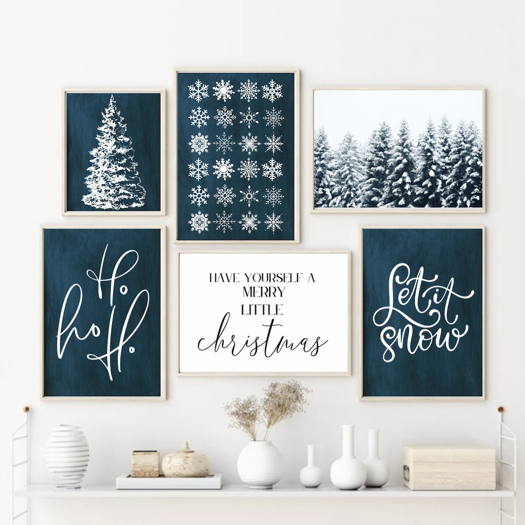 Blue Christmas Wall Art, Winter Gallery Wall, Snow Prints, Printable