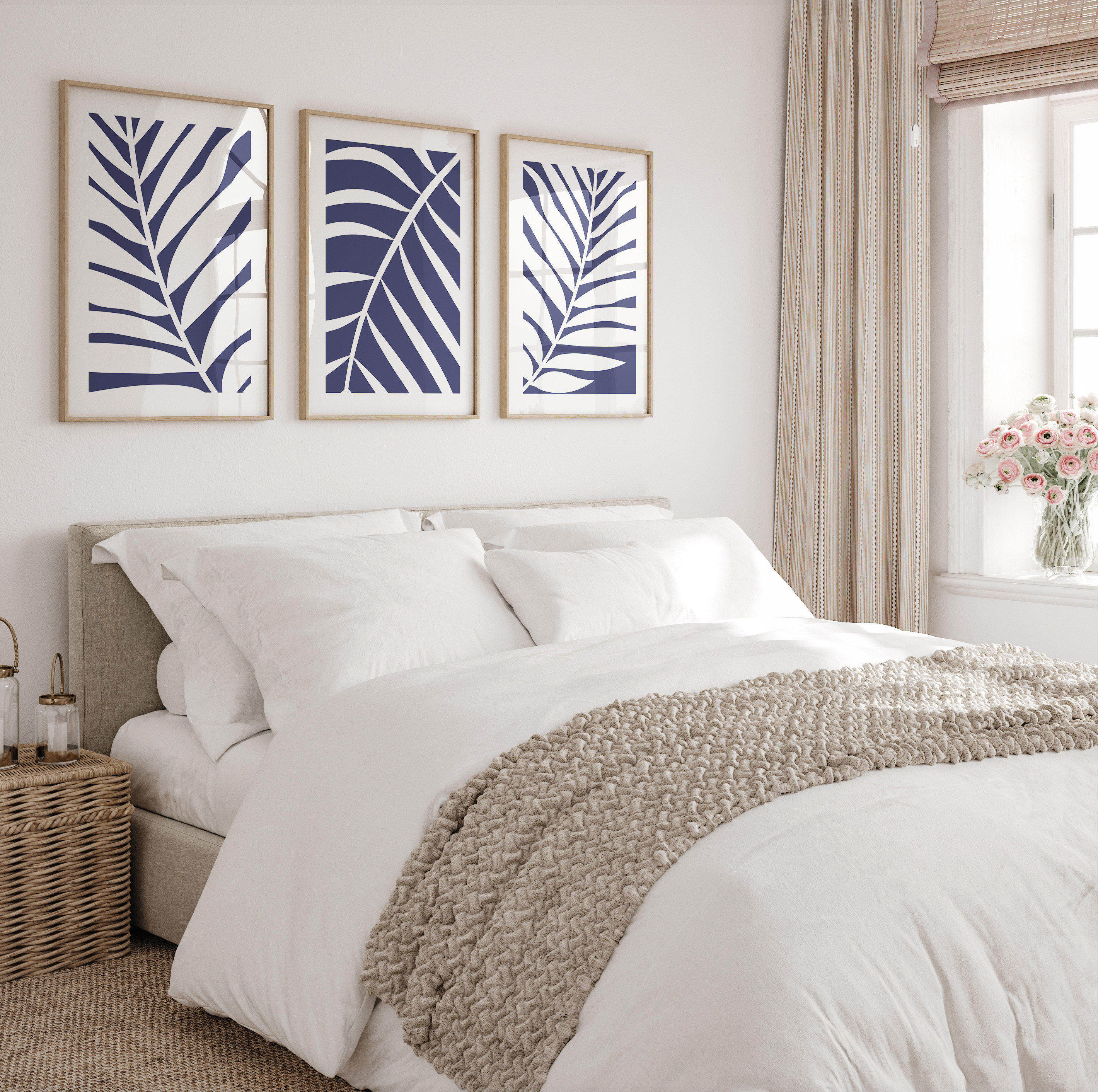 Blue and White Wall Art, Set of 3 Prints, Botanical Leaves Art, Floral ...