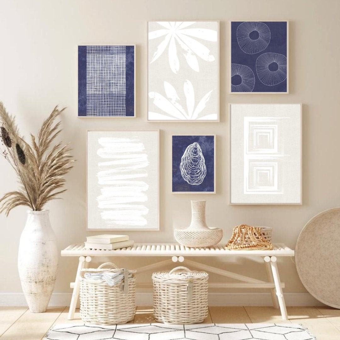 Navy Blue Gallery Wall, Set of 6 Prints, Printable Wall Art, Coastal