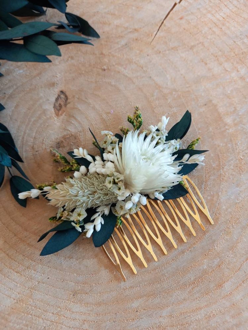 Peigne Barette pince de fleurs séchées et stabilisées fleurs verte et crème peigne eucalyptus Peigne mariage image 2