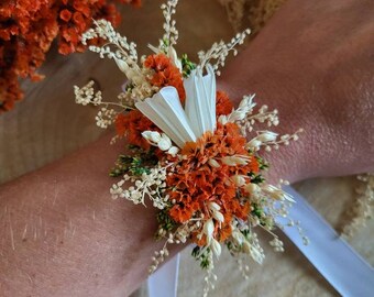 Bracelet fleurs séchées et stabilisées terracotta orange, beige,vert-Bracelet mariage- Bracelet demoiselle d'honneur- Bracelet terracotta